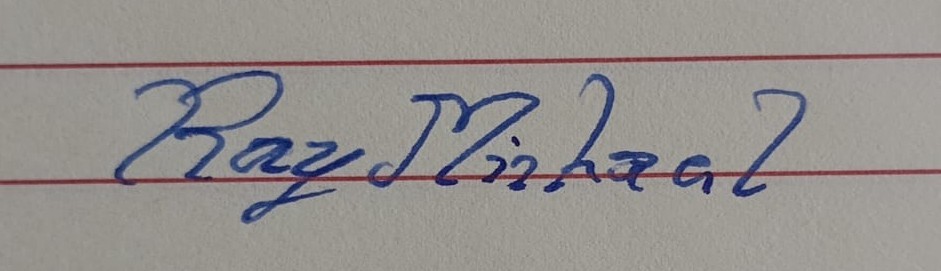 Ray's signature in blue ink on ruled paper